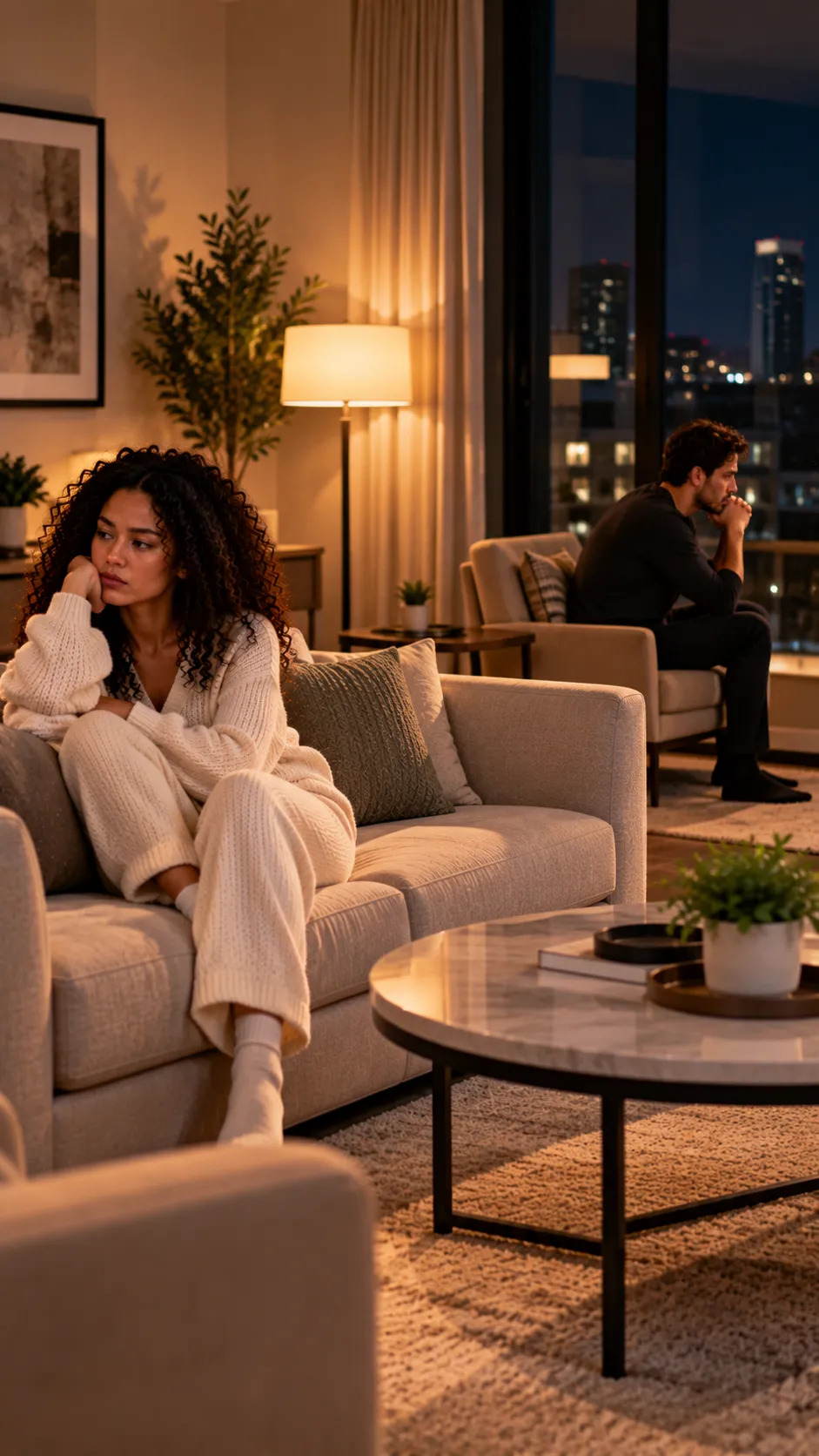 Two partners sitting on the same couch facing away from each other