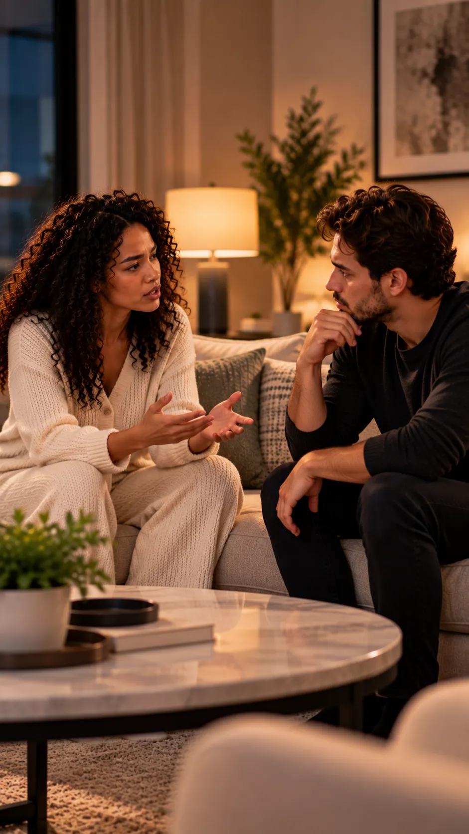 Partner beginning a calm conversation while the other listens without a phone