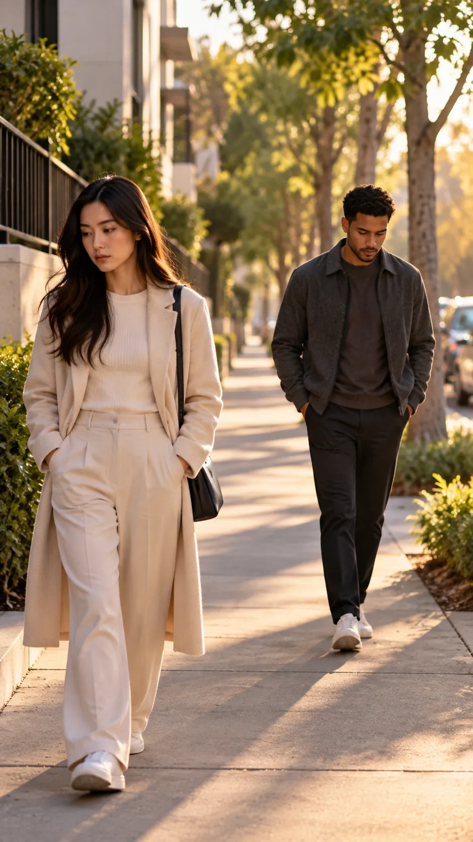 Two partners walk apart on a quiet street, feeling emotionally distant.