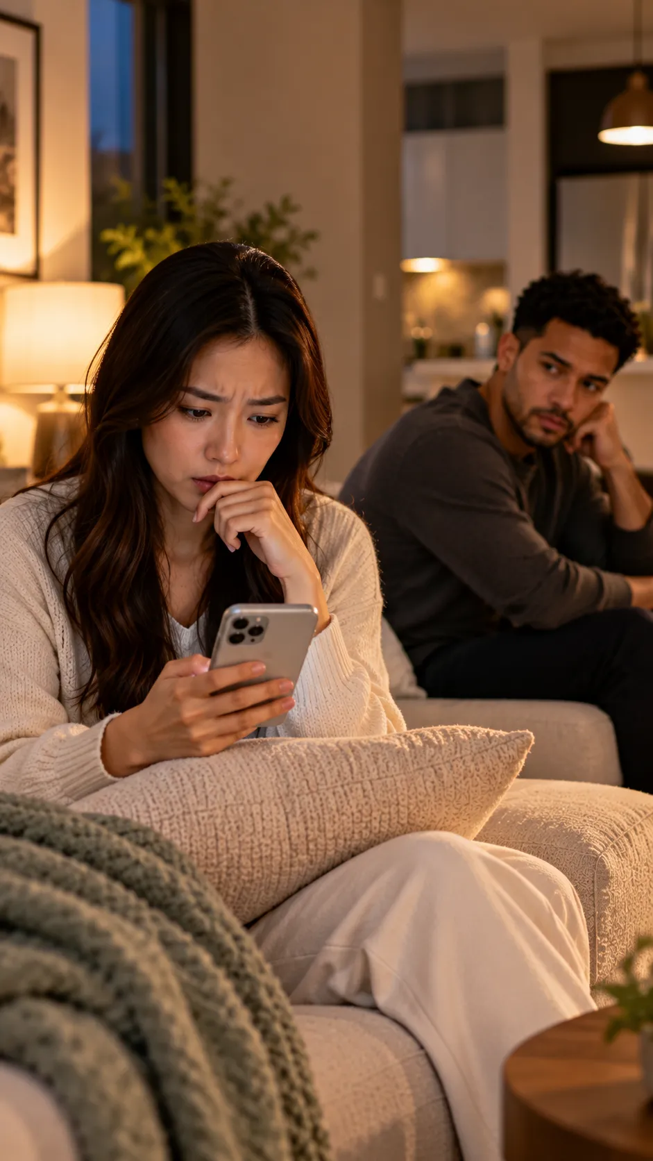 Partner looking worried while reading a text message and making assumptions