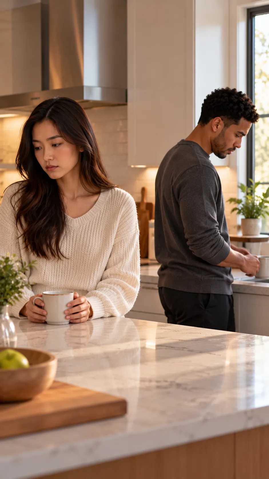 Married couple sharing a kitchen while feeling emotionally disconnected
