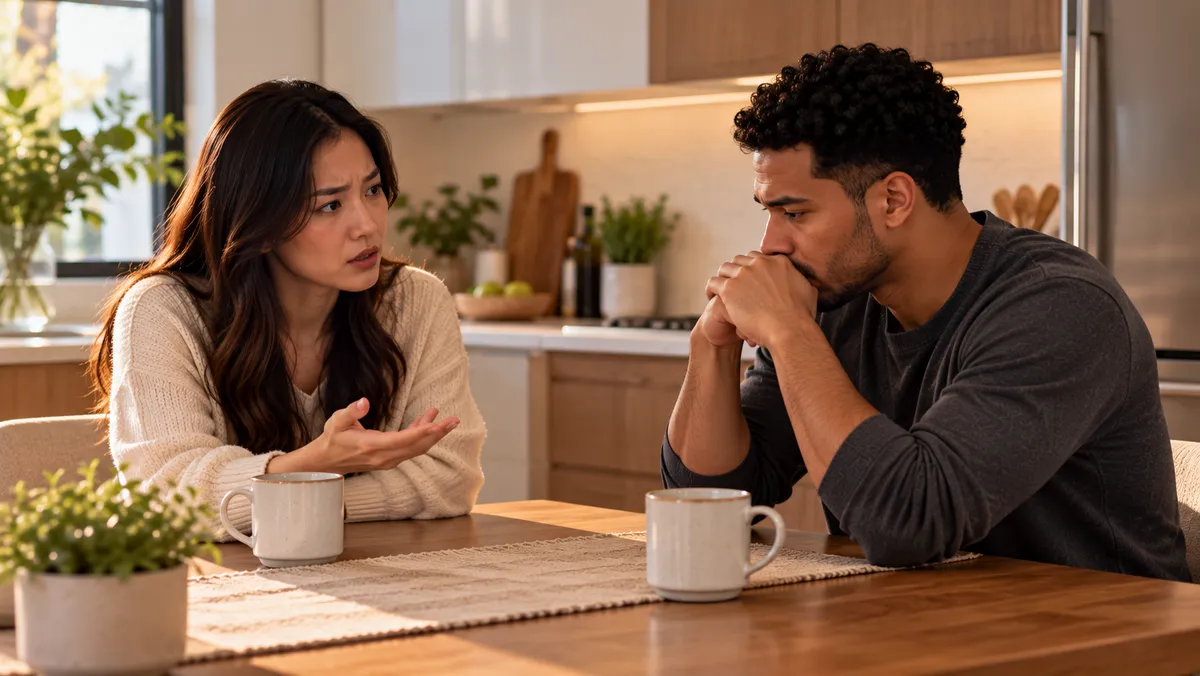 Couple discussing broken promises and trust at a kitchen table