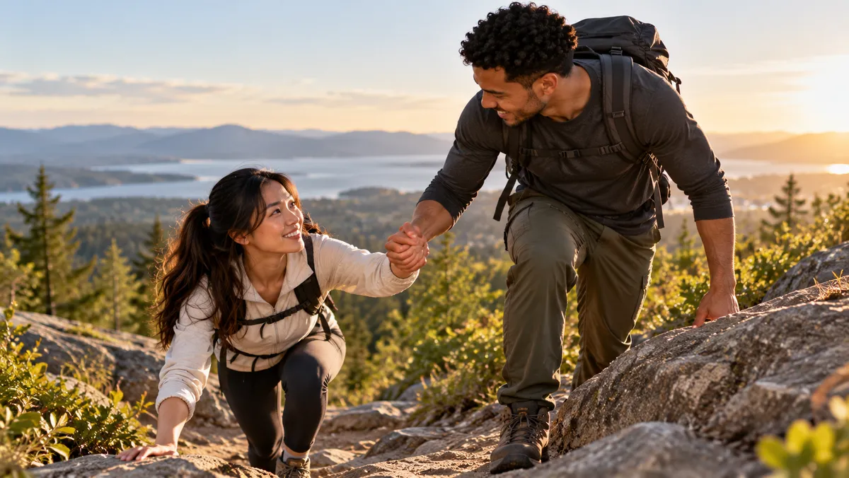 Couple hiking together, one partner helping the other up a step