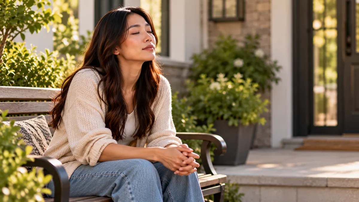 Person pausing on a bench to calm down before continuing a conversation
