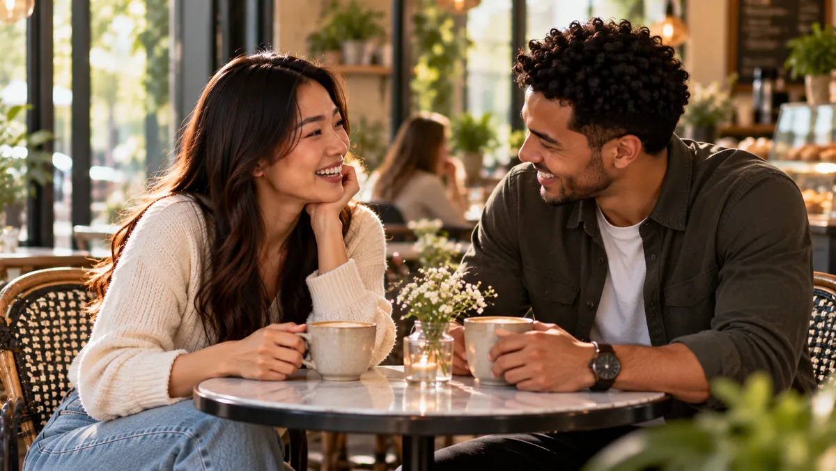 Two people laughing over coffee on a first date