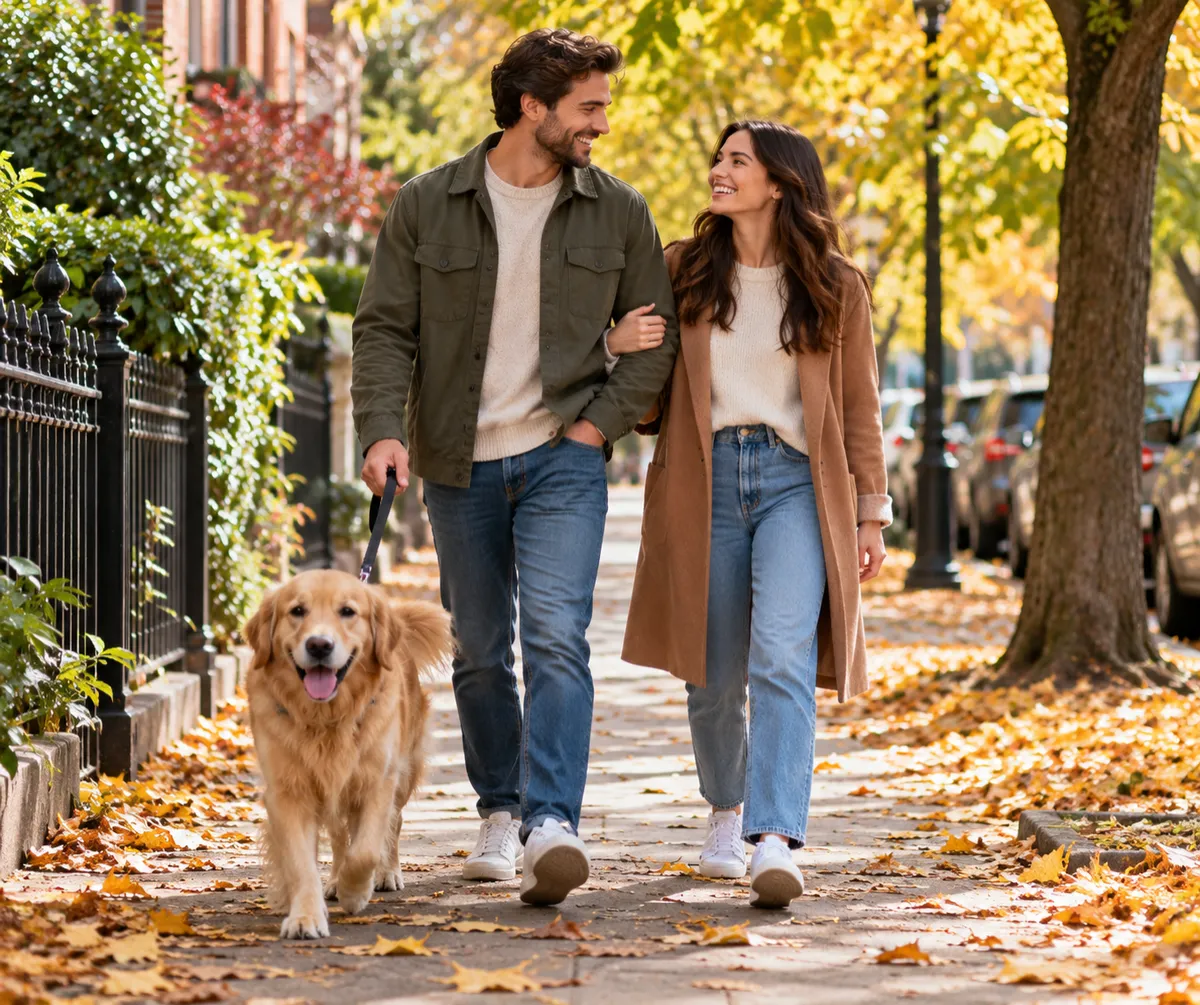Couple walking their dog together on a tree-lined street