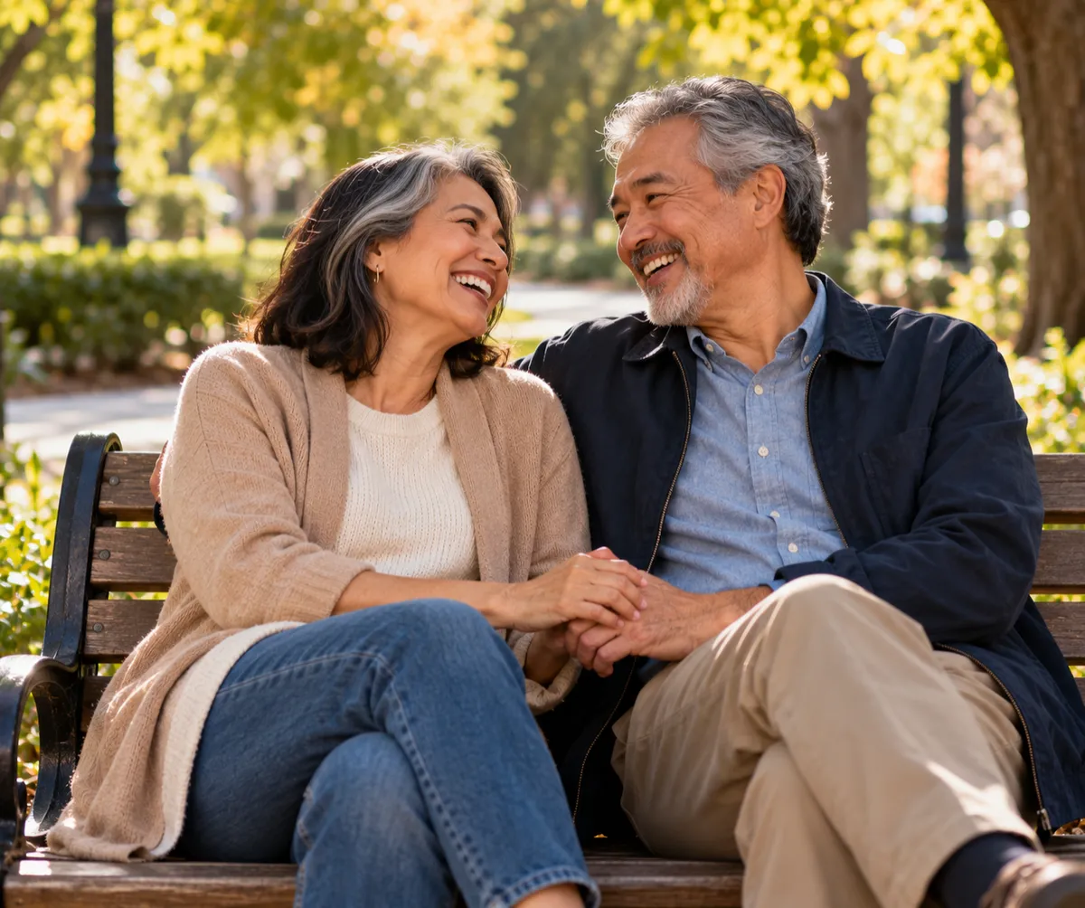 Older couple laughing and holding hands on a park bench.