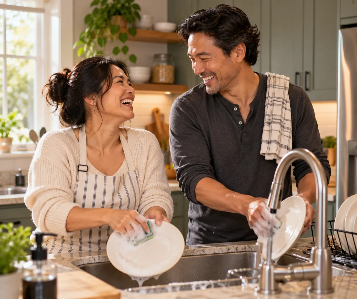 Married couple laughing while washing dishes together
