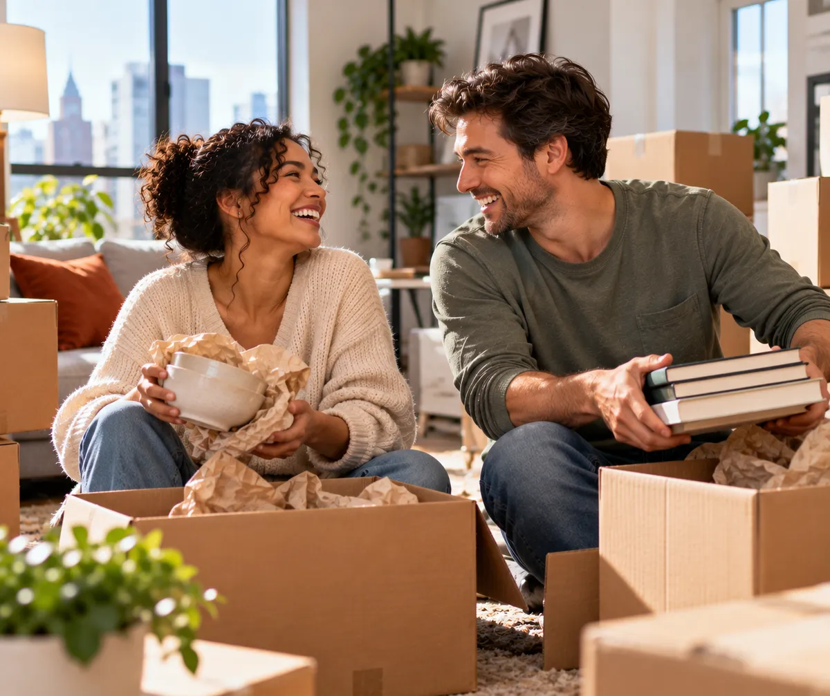 Newlywed couple laughing while unpacking boxes in a new apartment
