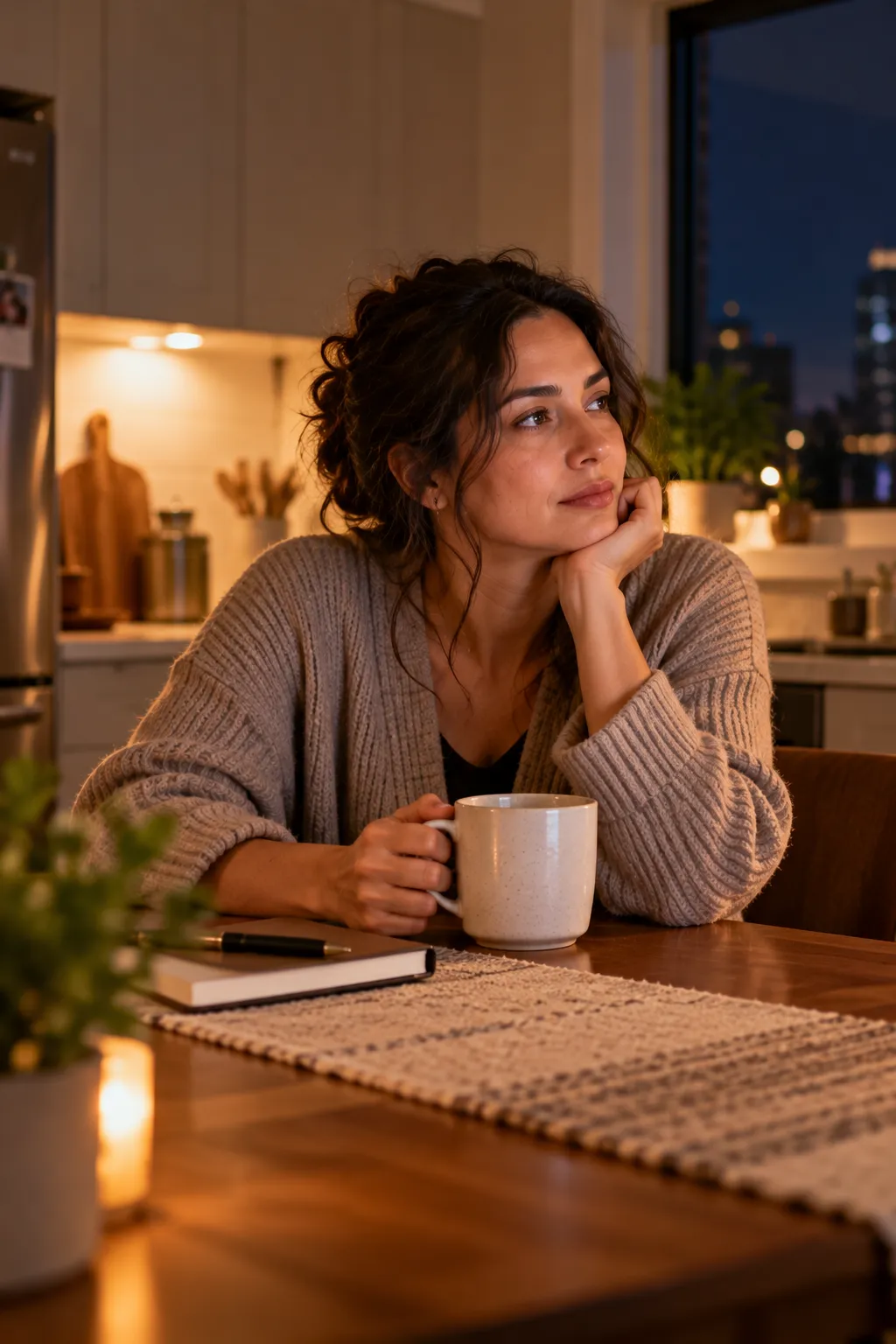 Person sitting alone at a kitchen table at night, deep in thought