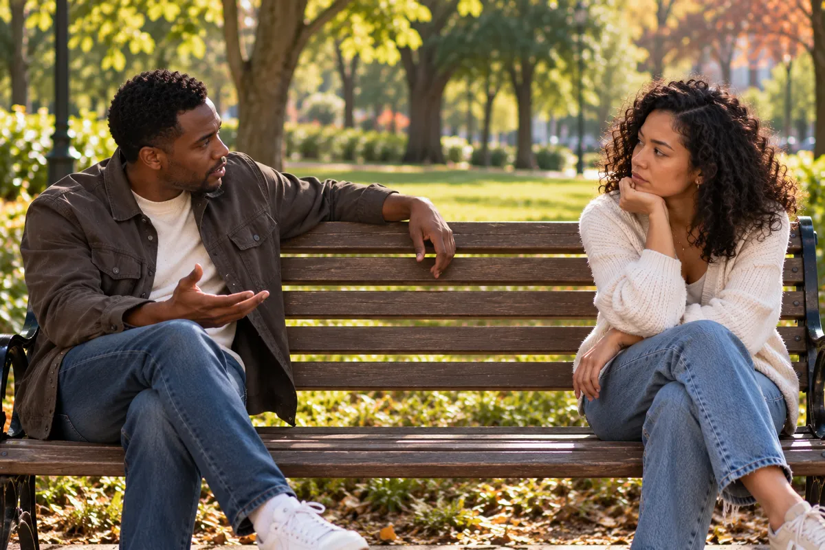 Couple on opposite ends of a park bench, one turning to talk