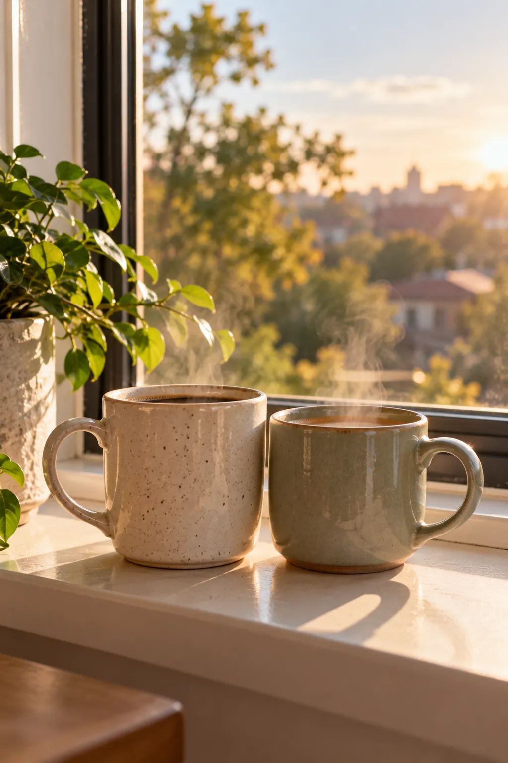 Two coffee mugs side by side on a sunny windowsill