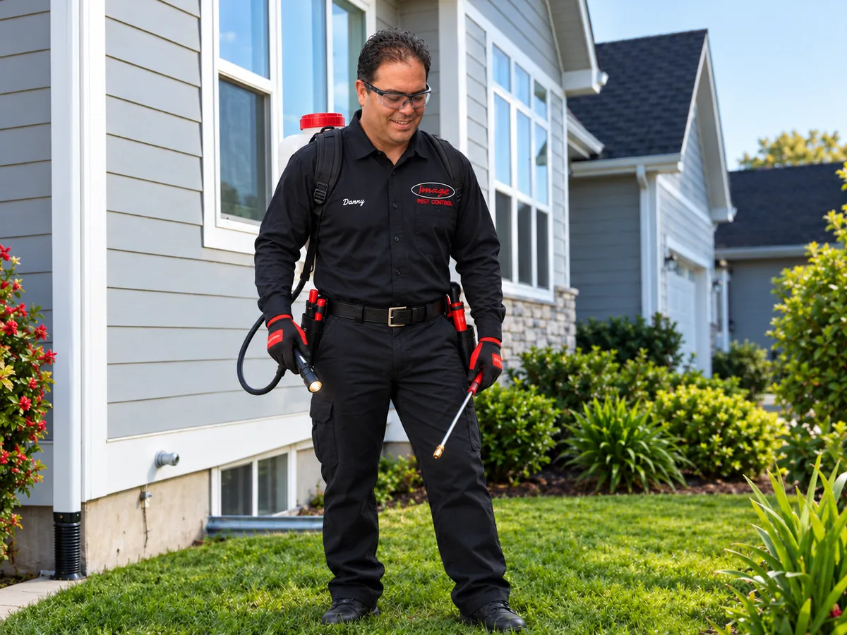 Professional pest control technician inspecting residential property