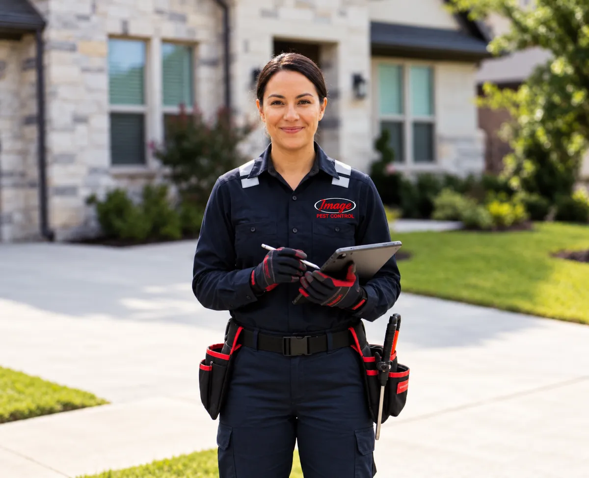 Professional pest control technician inspecting property with modern safety gear
