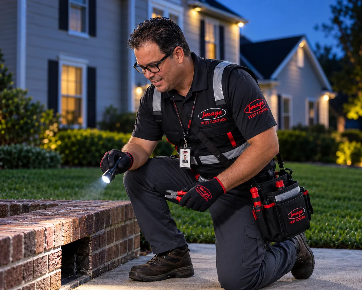 Certified pest control technician inspecting residential property perimeter with specialized protective equipment