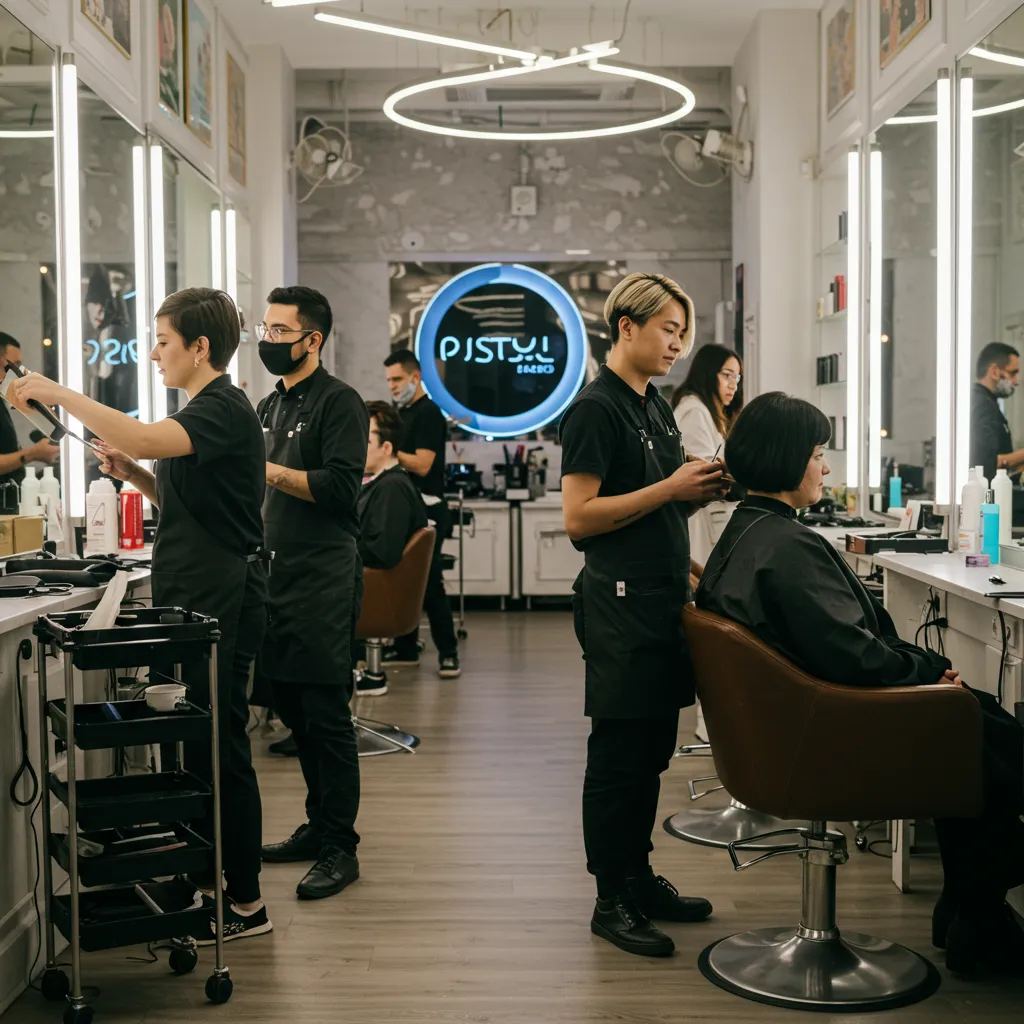 A bustling salon with stylists working, while a digital assistant on a wall screen greets a client by name. The environment is bright, energetic, and modern, showing seamless AI integration in daily business life.