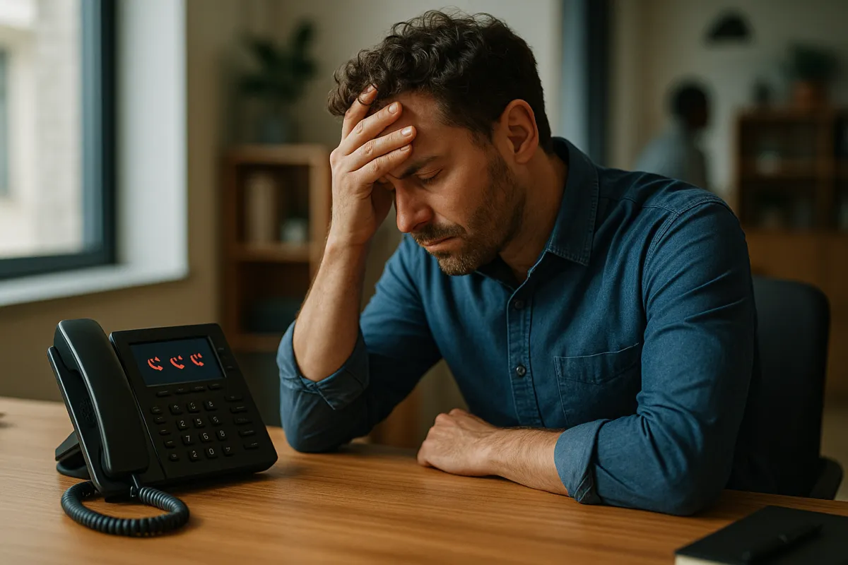 A modern AI-powered receptionist interface displayed on a sleek tablet, with a diverse small business owner smiling in a bright, welcoming office. The background features subtle digital wave patterns, evoking innovation and trust. The scene is vibrant and professional, suggesting seamless technology integration.