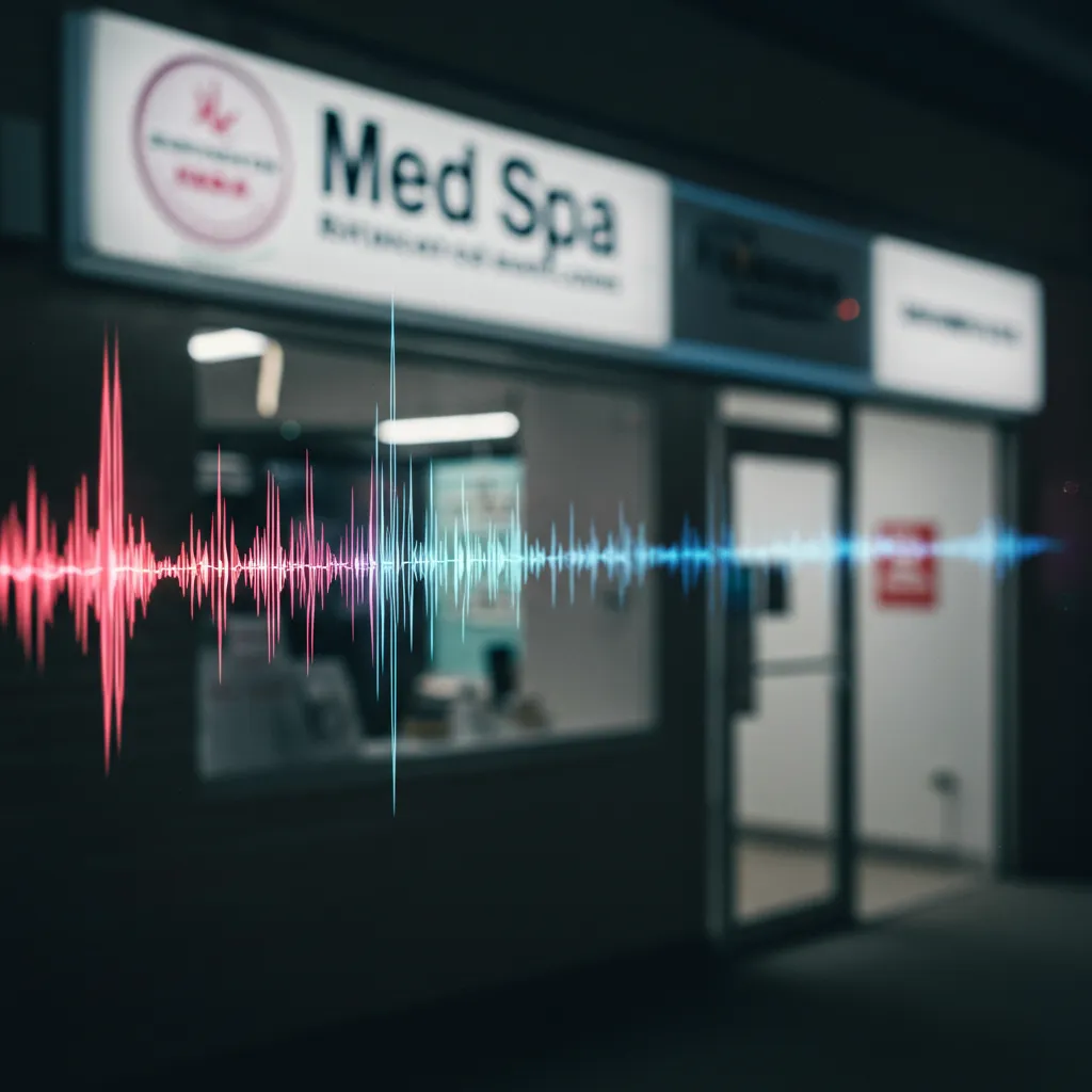 A close-up of a digital voice waveform emanating from a smart speaker, with a small business storefront in the background. The image conveys seamless AI-human interaction and modern technology in a real-world setting, blending digital and physical elements for a sense of innovation.