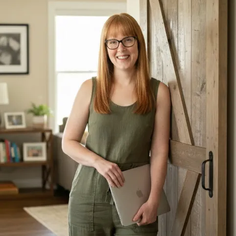 Smiling marketing expert hosting a live webinar from a modern workspace