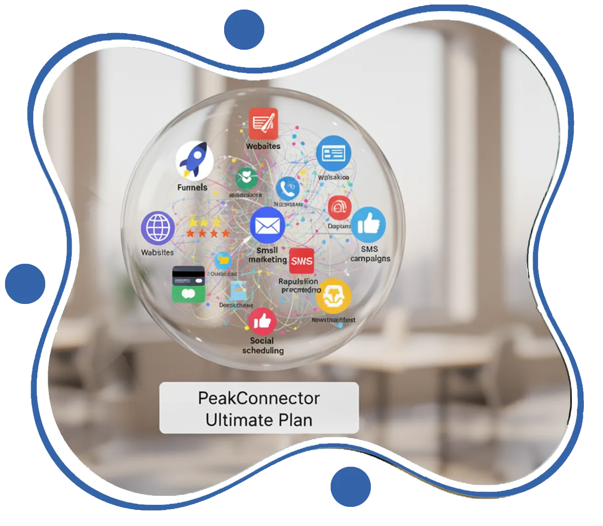 PeakConnector CRM dashboard showing AI-driven marketing and sales automation features for businesses.