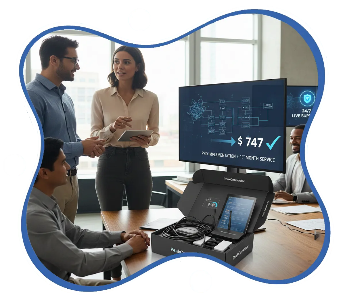 PeakConnector CRM dashboard showing AI-driven marketing and sales automation features for businesses.