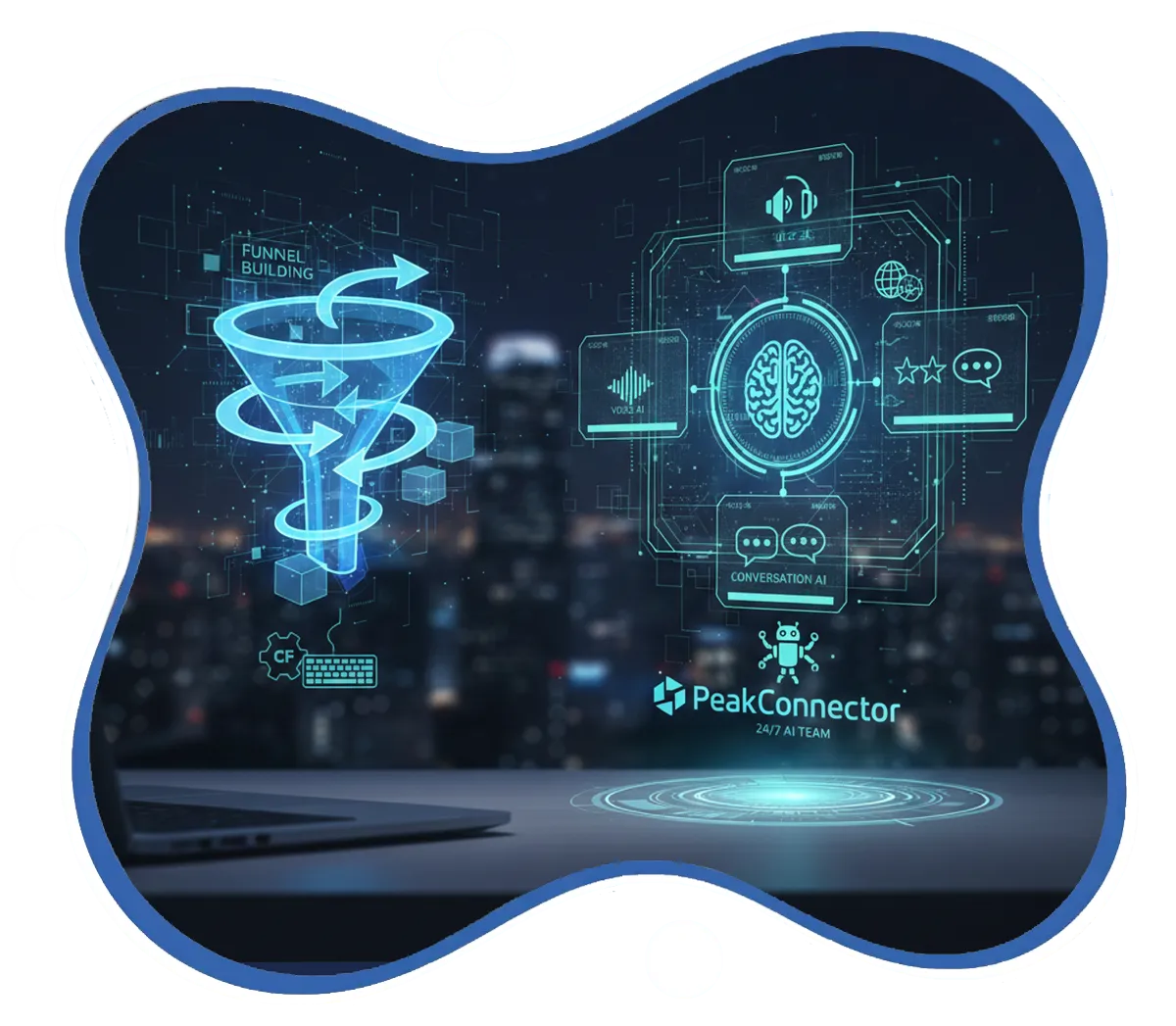 PeakConnector CRM dashboard showing AI-driven marketing and sales automation features for businesses.