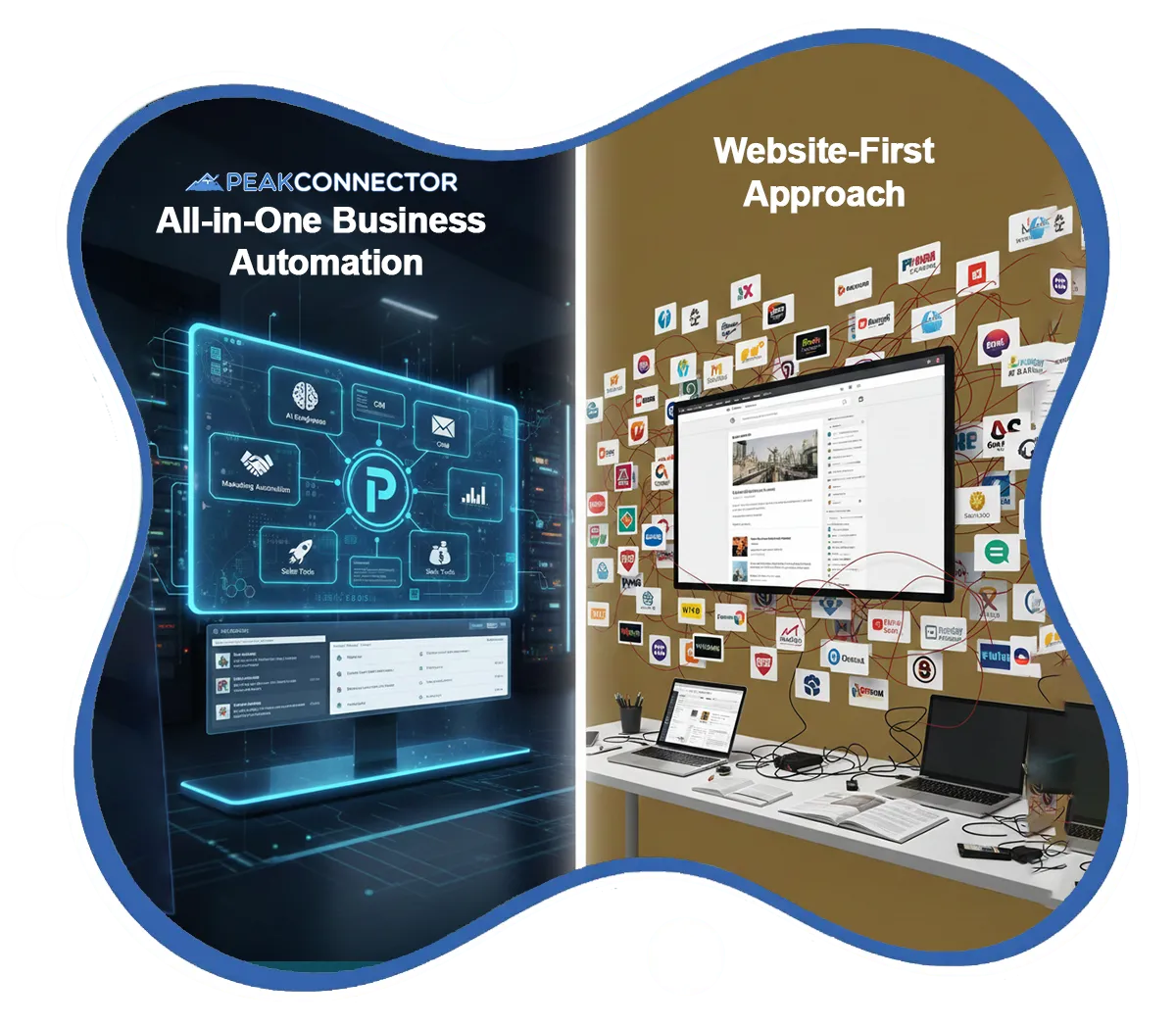 PeakConnector CRM dashboard showing AI-driven marketing and sales automation features for businesses.