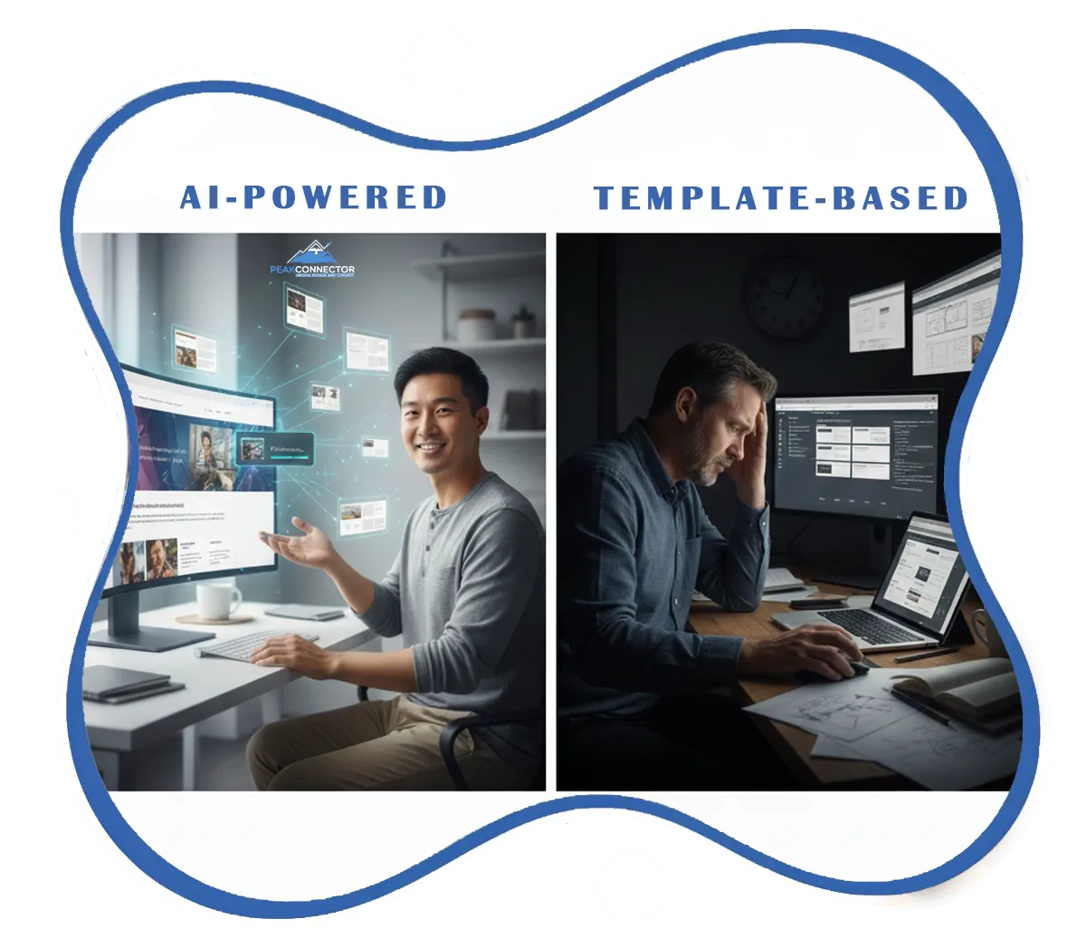 PeakConnector CRM dashboard showing AI-driven marketing and sales automation features for businesses.