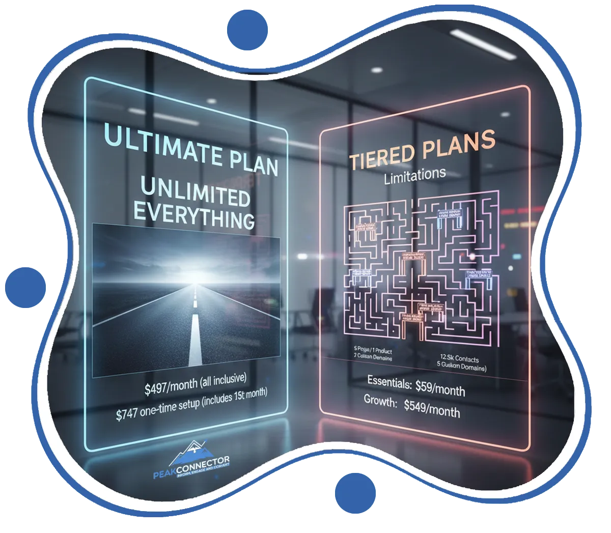 PeakConnector CRM dashboard with AI tools for automating marketing and sales tasks.