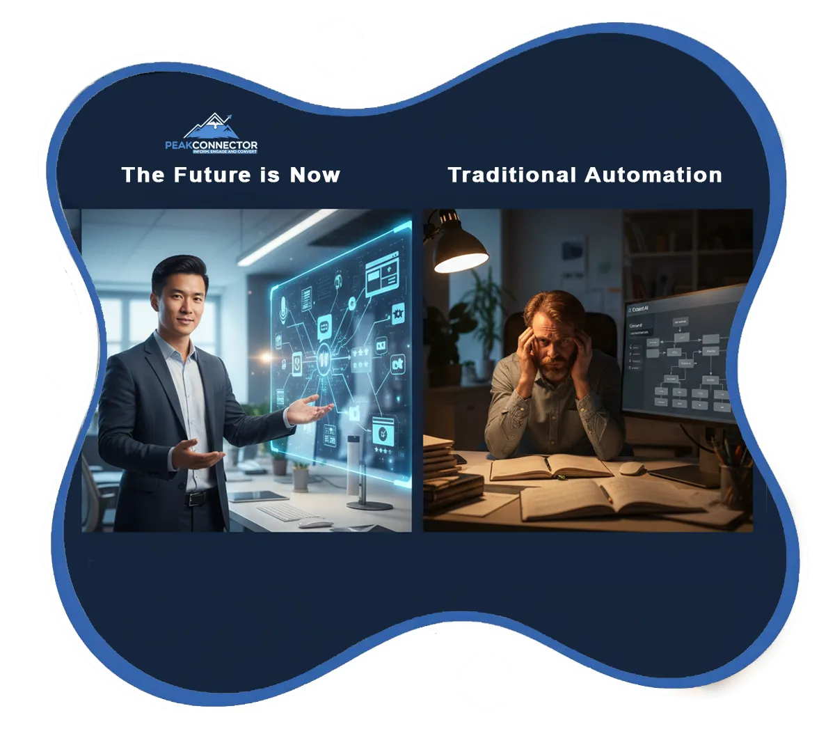 PeakConnector CRM dashboard showing AI-driven marketing and sales automation features for businesses.