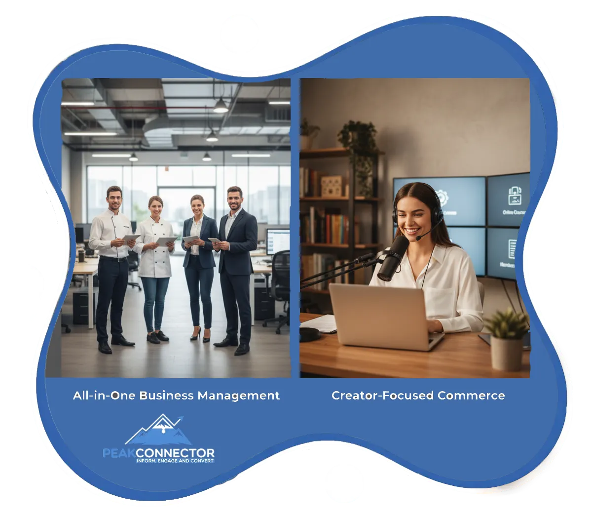 PeakConnector CRM dashboard showing AI-driven marketing and sales automation features for businesses.