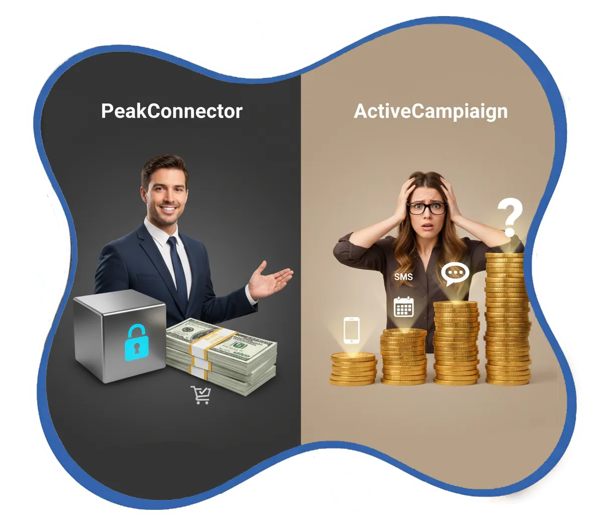 PeakConnector CRM dashboard showing AI-driven marketing and sales automation features for businesses.
