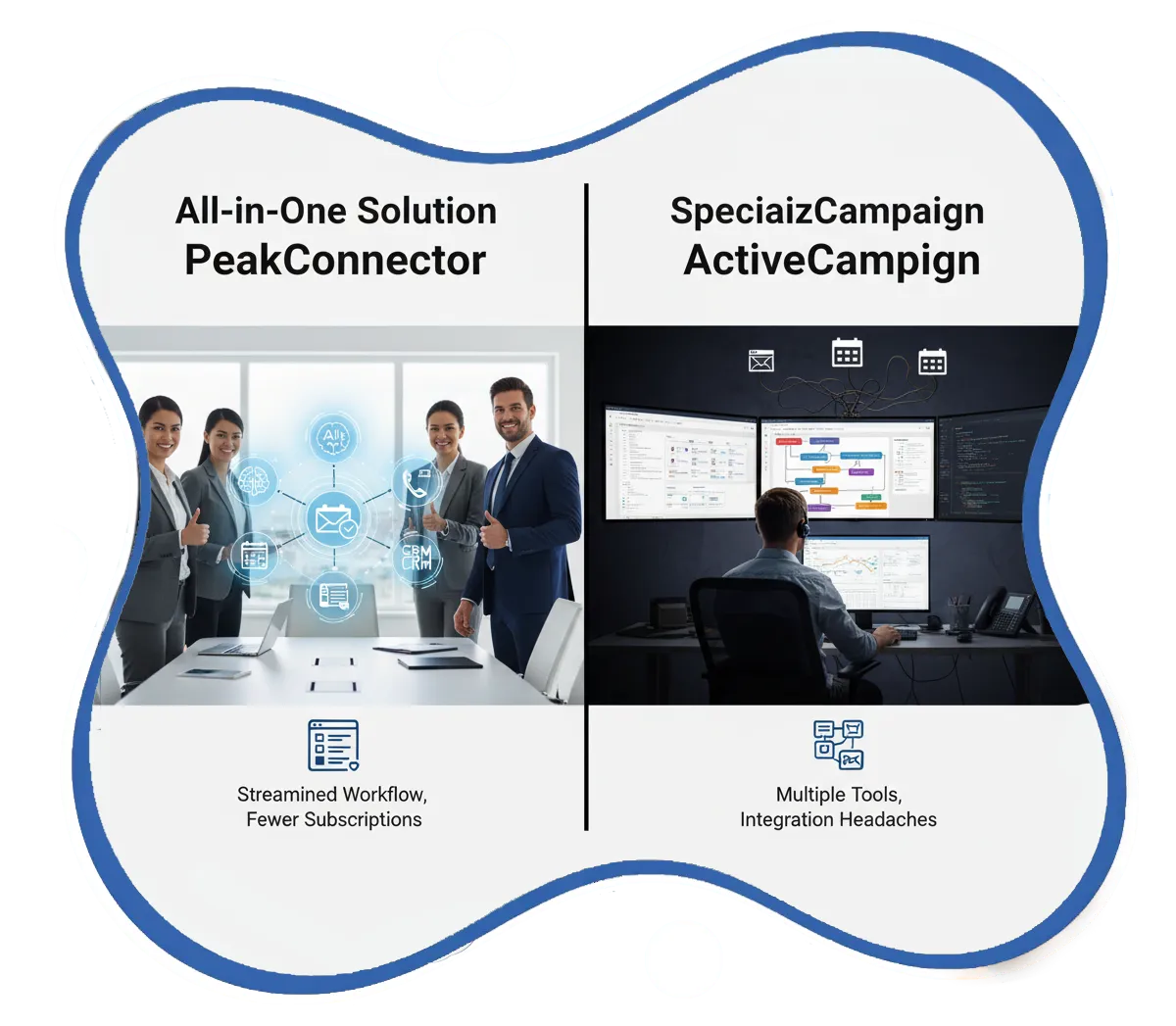 PeakConnector CRM dashboard showing AI-driven marketing and sales automation features for businesses.