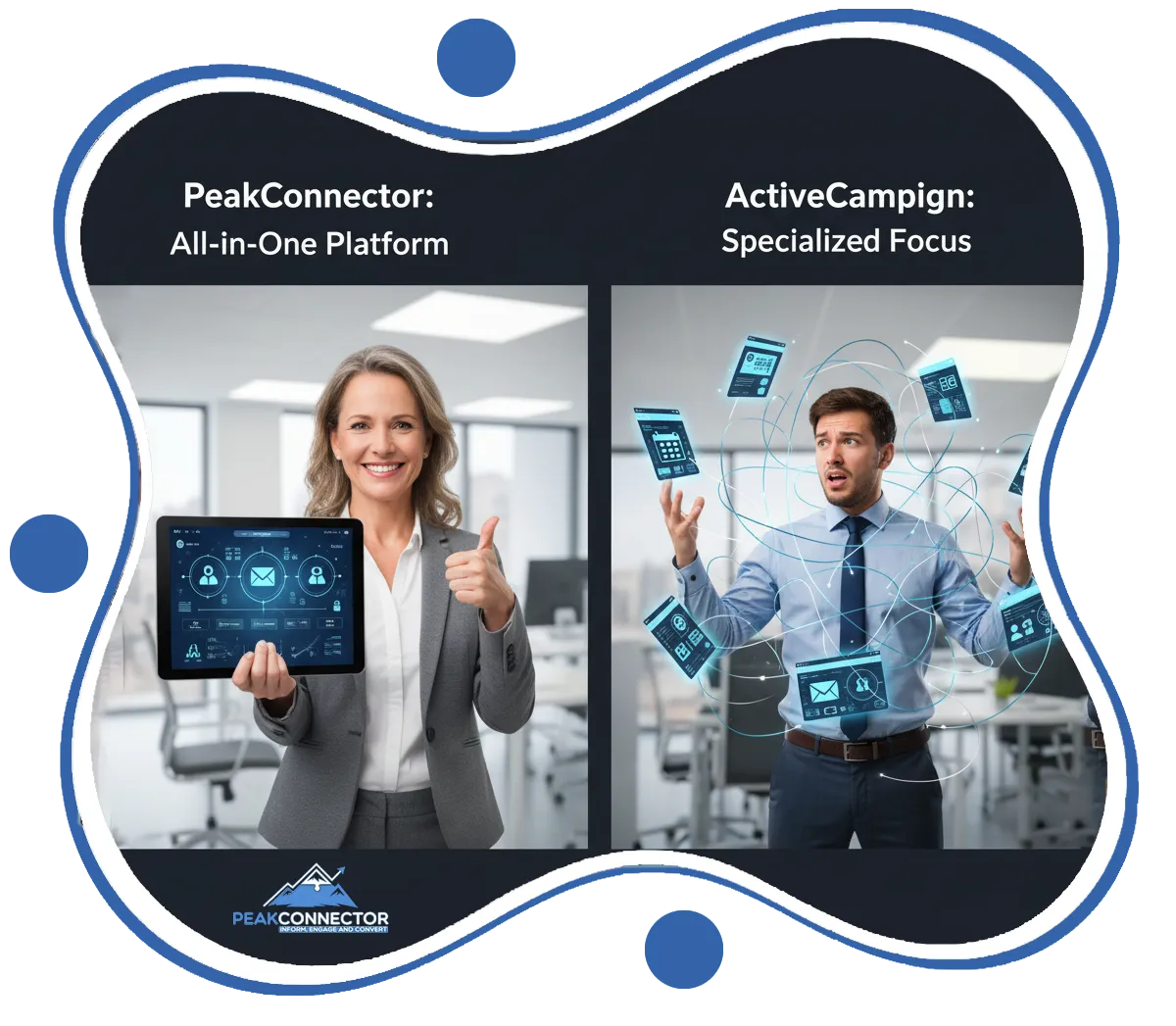 PeakConnector CRM dashboard with AI tools for automating marketing and sales tasks.