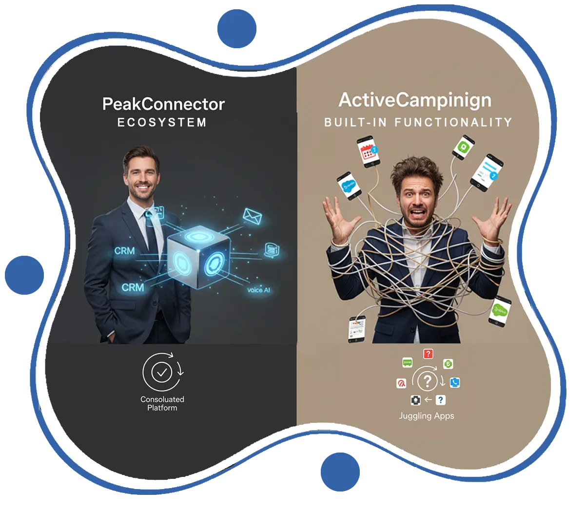 PeakConnector CRM dashboard with AI tools for automating marketing and sales tasks.