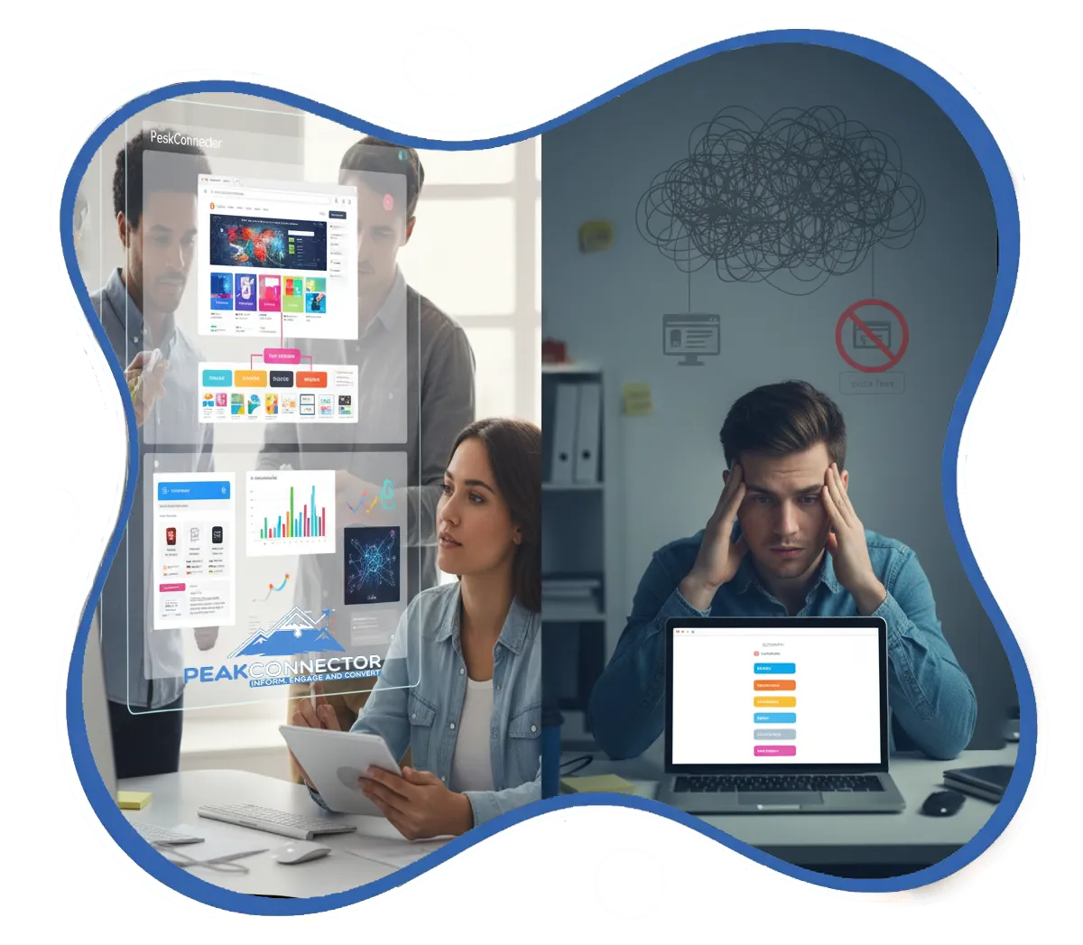 PeakConnector CRM dashboard showing AI-driven marketing and sales automation features for businesses.