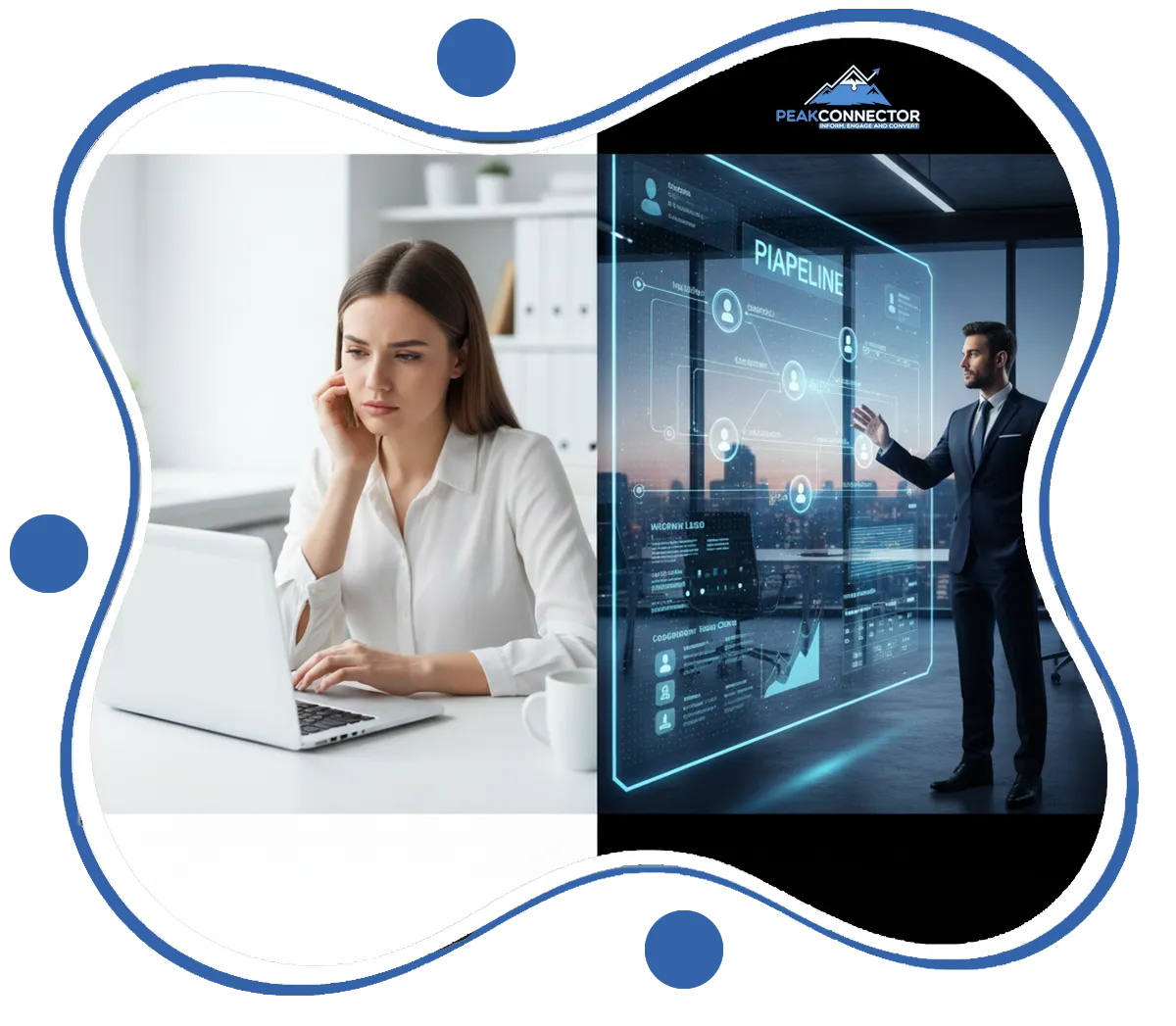 PeakConnector CRM dashboard with AI tools for automating marketing and sales tasks.