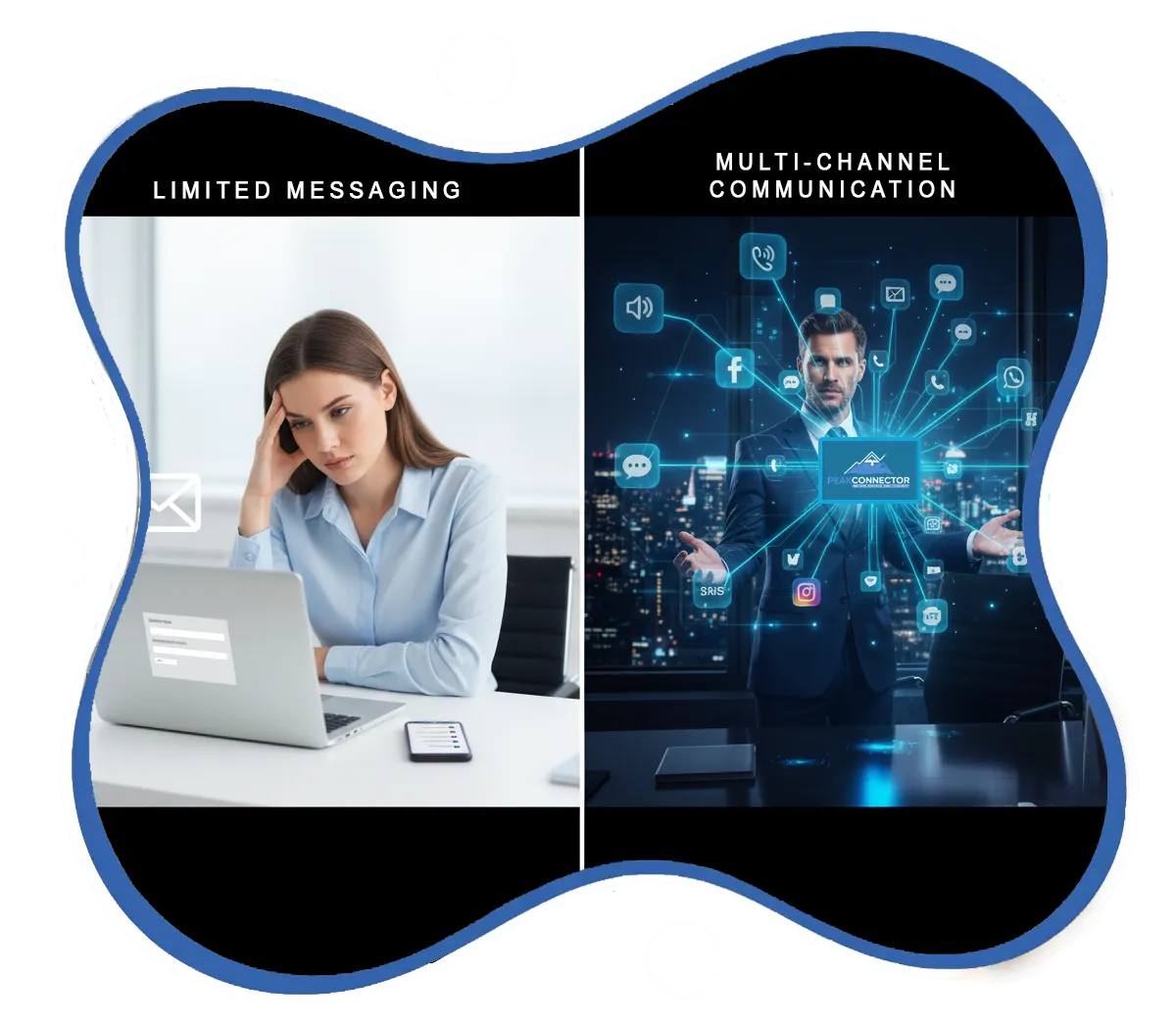 PeakConnector CRM dashboard showing AI-driven marketing and sales automation features for businesses.