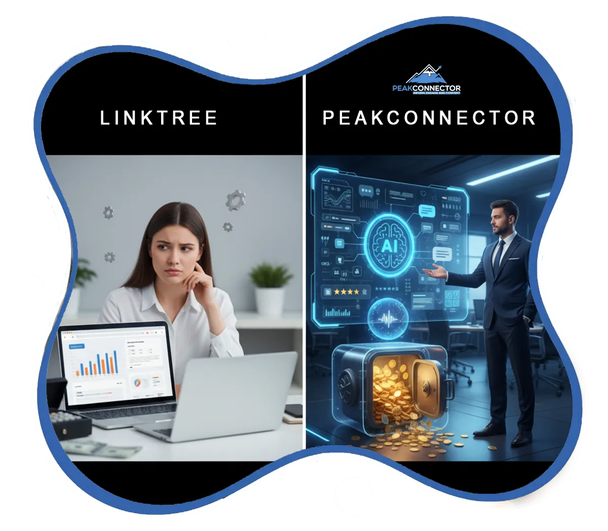 PeakConnector CRM dashboard showing AI-driven marketing and sales automation features for businesses.