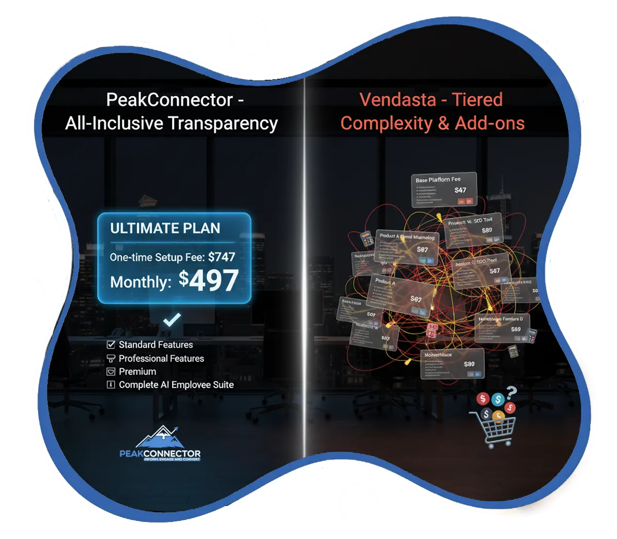PeakConnector CRM dashboard showing AI-driven marketing and sales automation features for businesses.