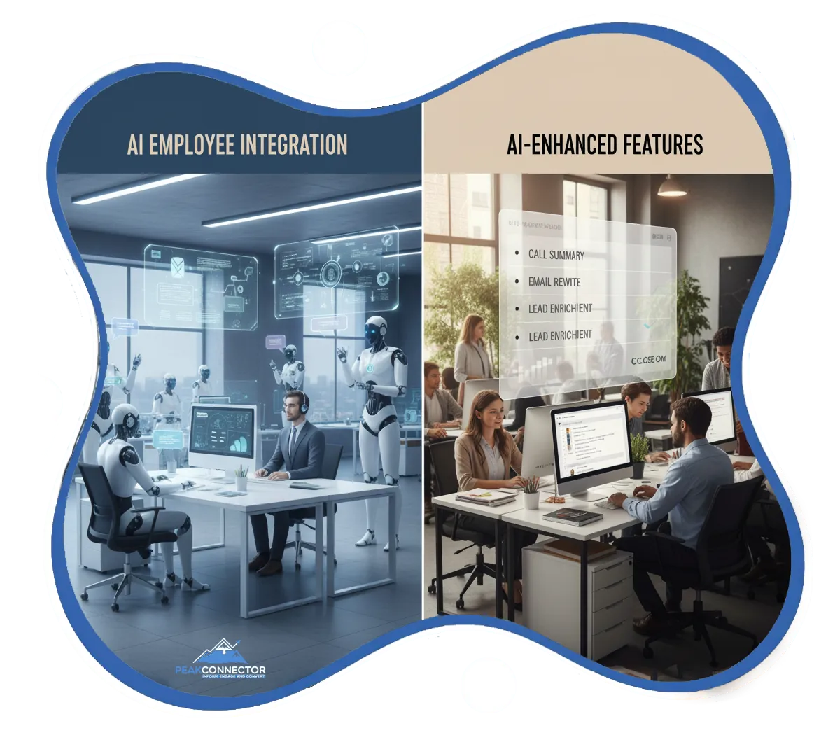 PeakConnector CRM dashboard showing AI-driven marketing and sales automation features for businesses.