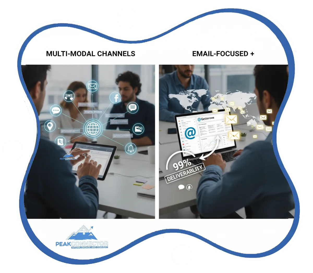 PeakConnector CRM dashboard showing AI-driven marketing and sales automation features for businesses.