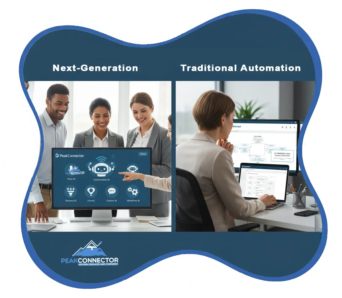 PeakConnector CRM dashboard showing AI-driven marketing and sales automation features for businesses.