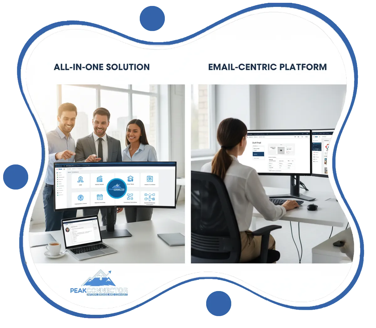 PeakConnector CRM dashboard with AI tools for automating marketing and sales tasks.