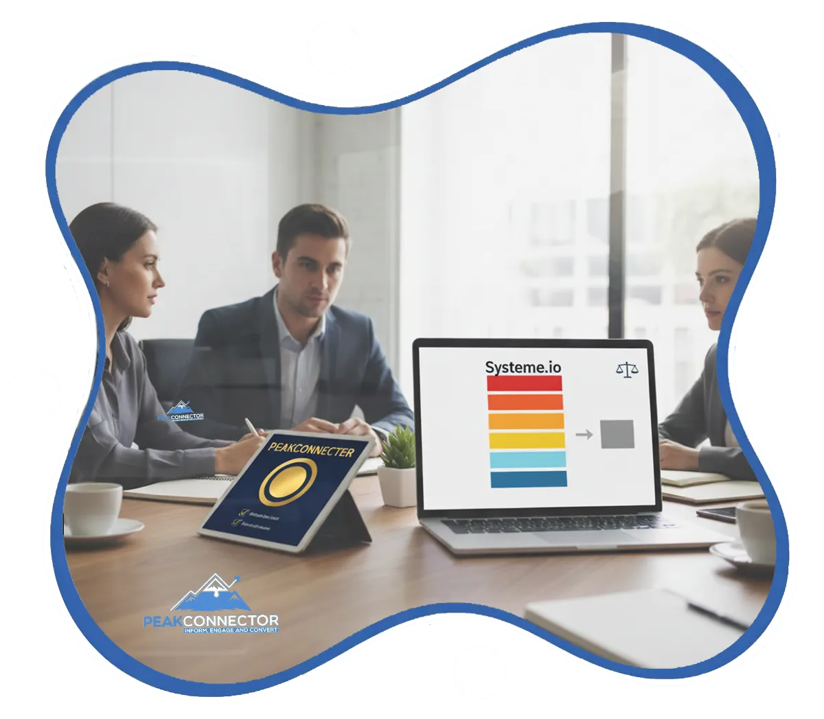 PeakConnector CRM dashboard showing AI-driven marketing and sales automation features for businesses.