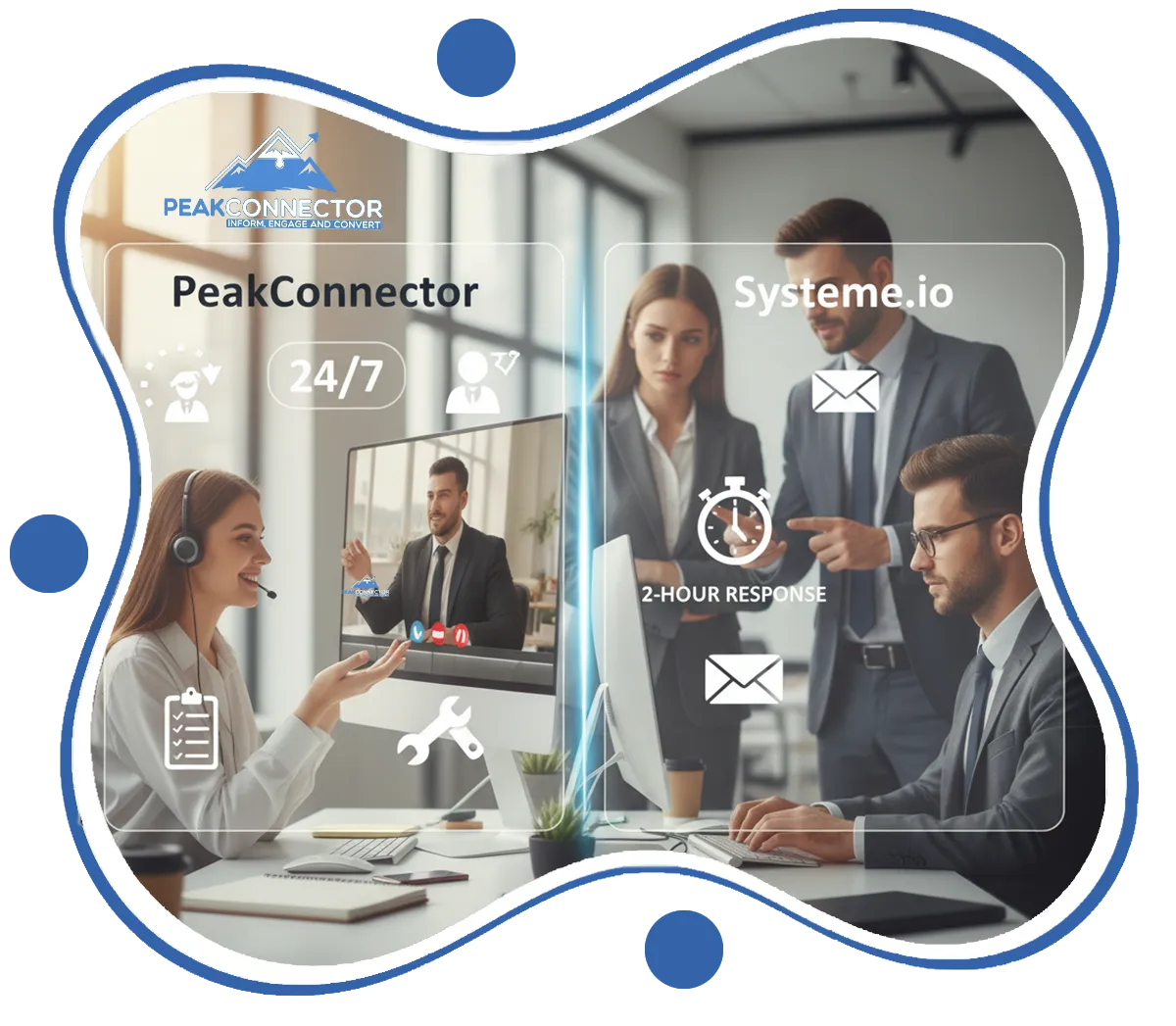 PeakConnector CRM dashboard with AI tools for automating marketing and sales tasks.