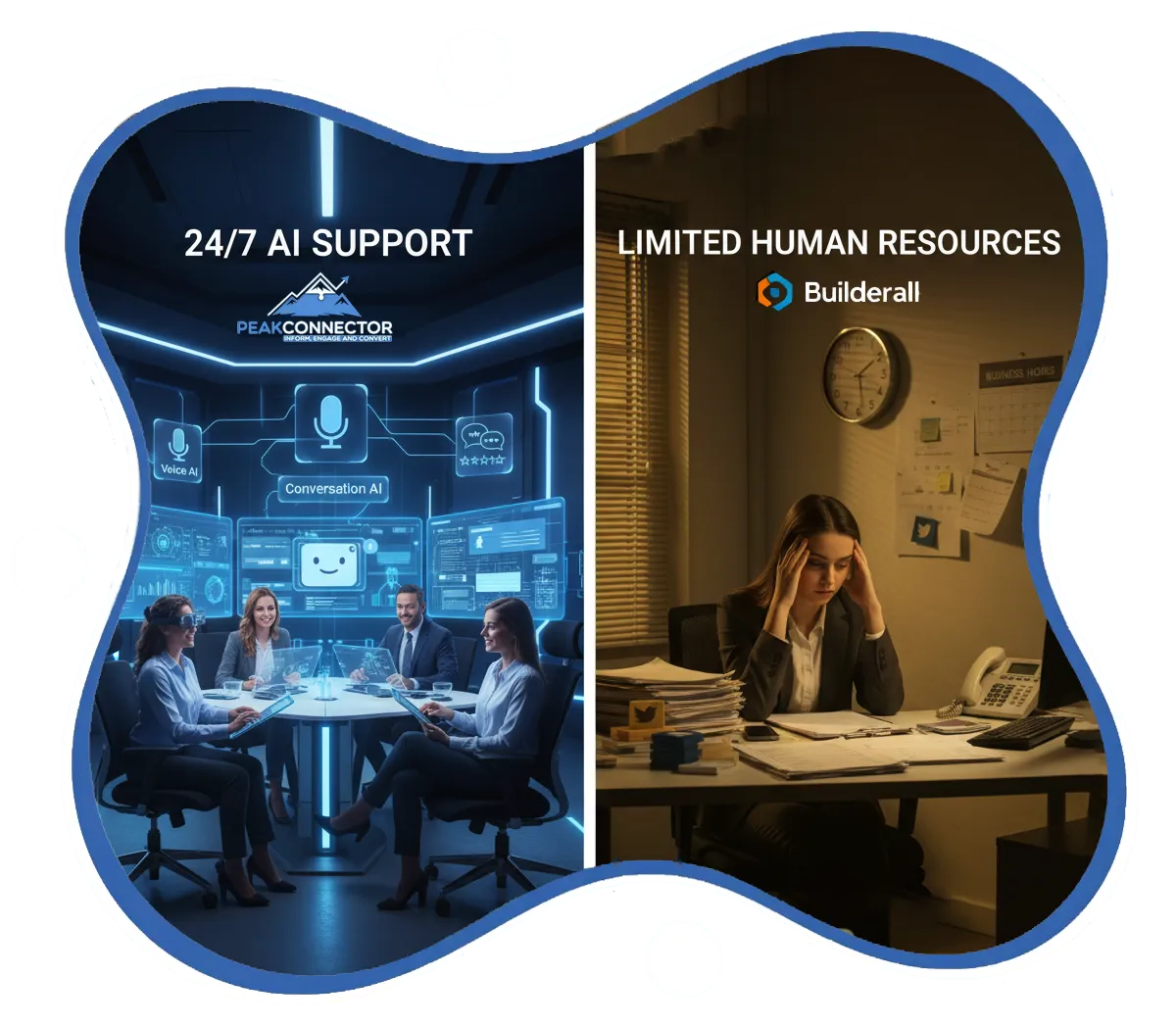 PeakConnector CRM dashboard showing AI-driven marketing and sales automation features for businesses.
