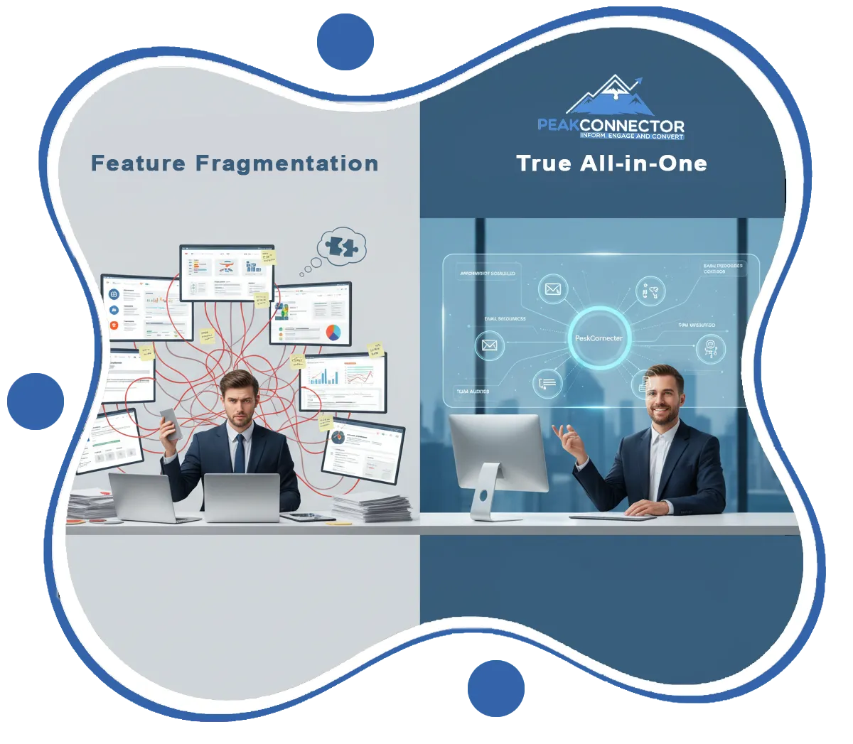 PeakConnector CRM dashboard with AI tools for automating marketing and sales tasks.