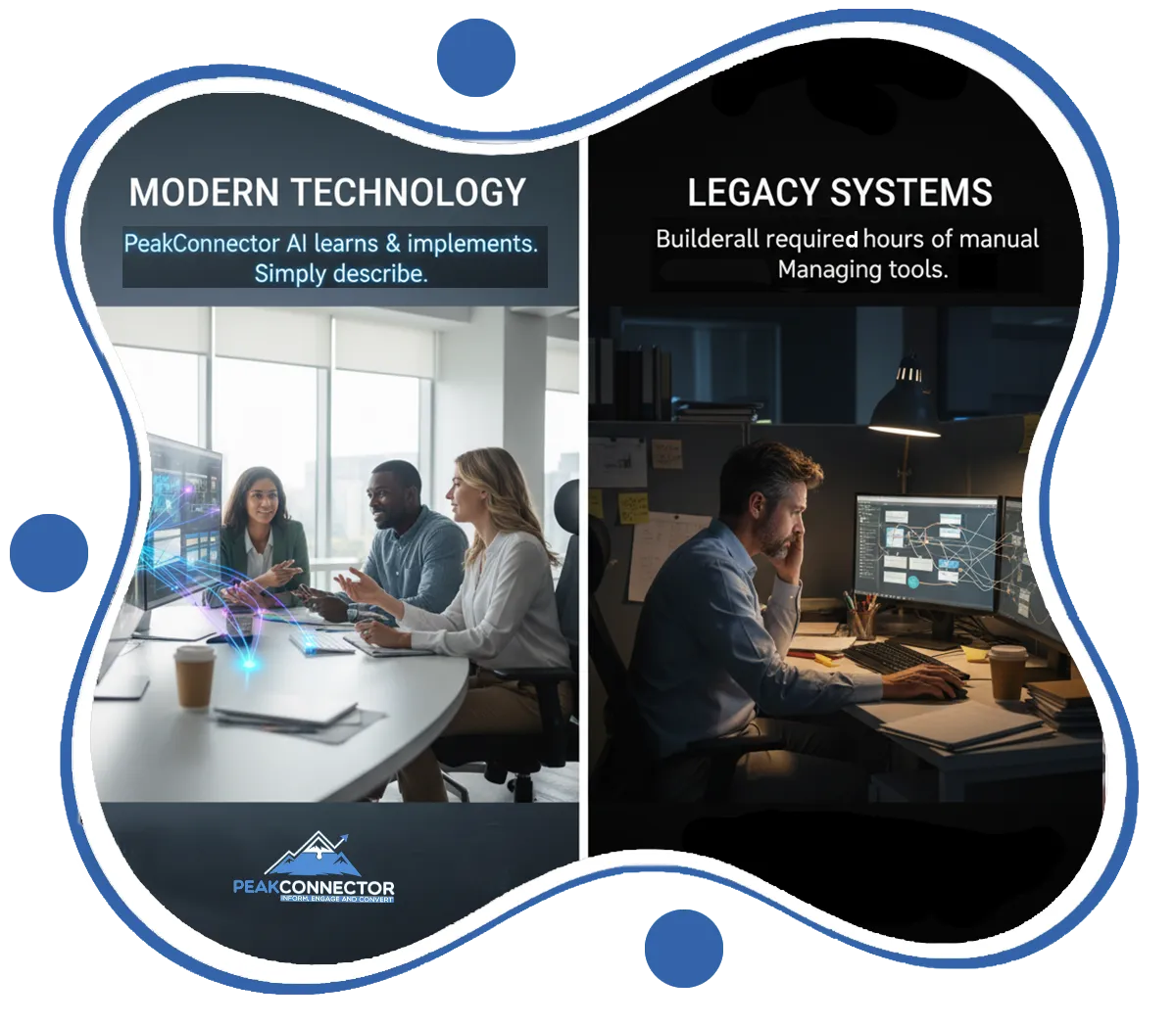 PeakConnector CRM dashboard with AI tools for automating marketing and sales tasks.