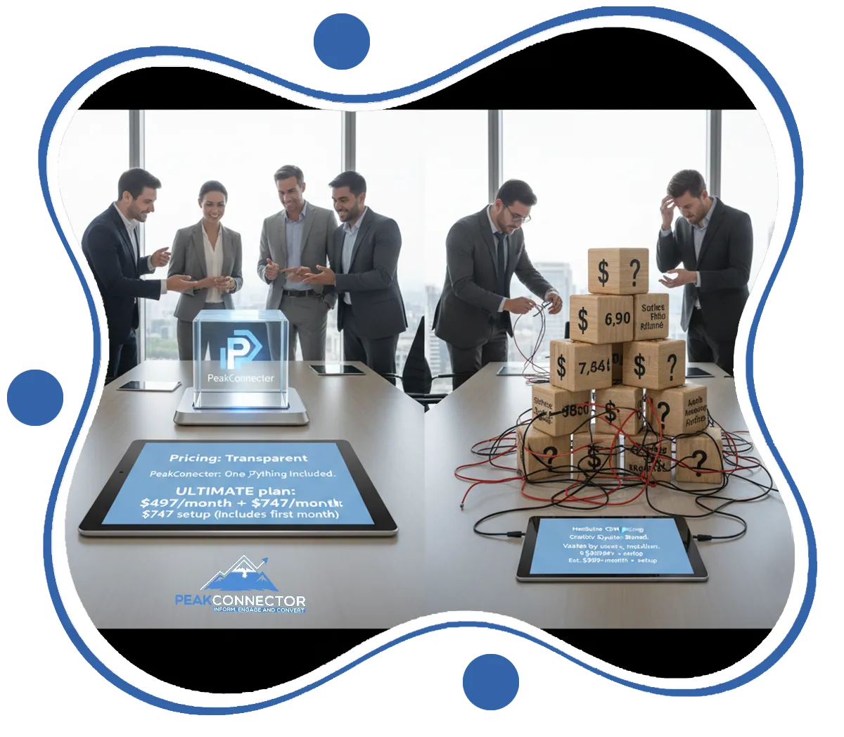 PeakConnector CRM dashboard with AI tools for automating marketing and sales tasks.